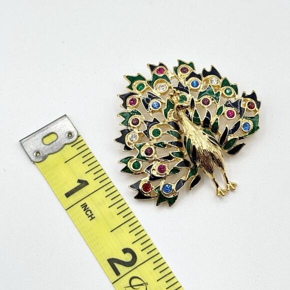 Vintage Gold Tone Peacock Bird Green Blue Pink Jeweled Rhinestone Pin Brooch - Picture 5 of 5